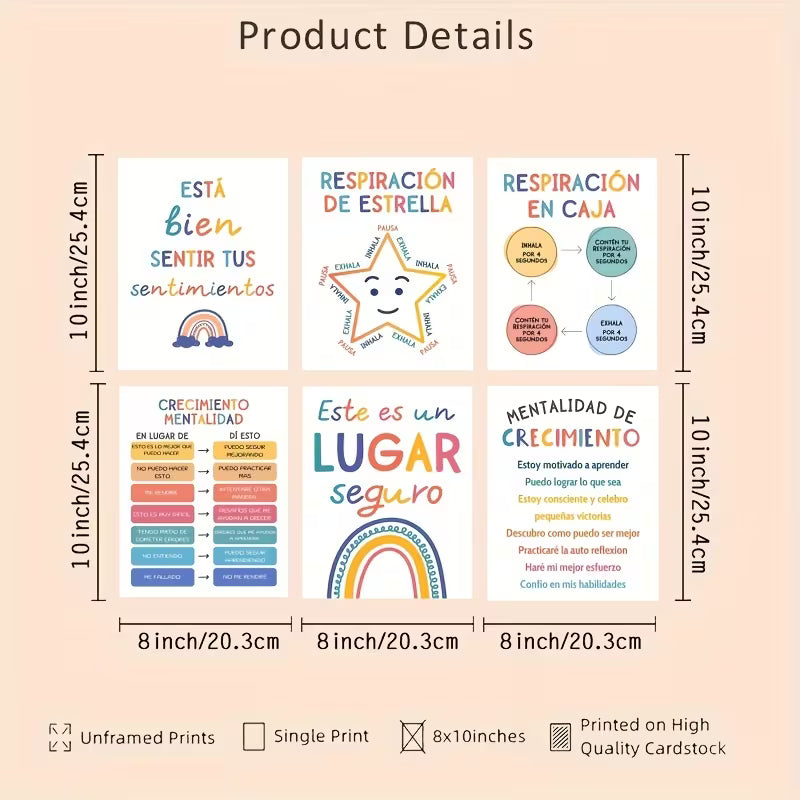6pcs Spanish Mental Health Relaxation Techniques Posters