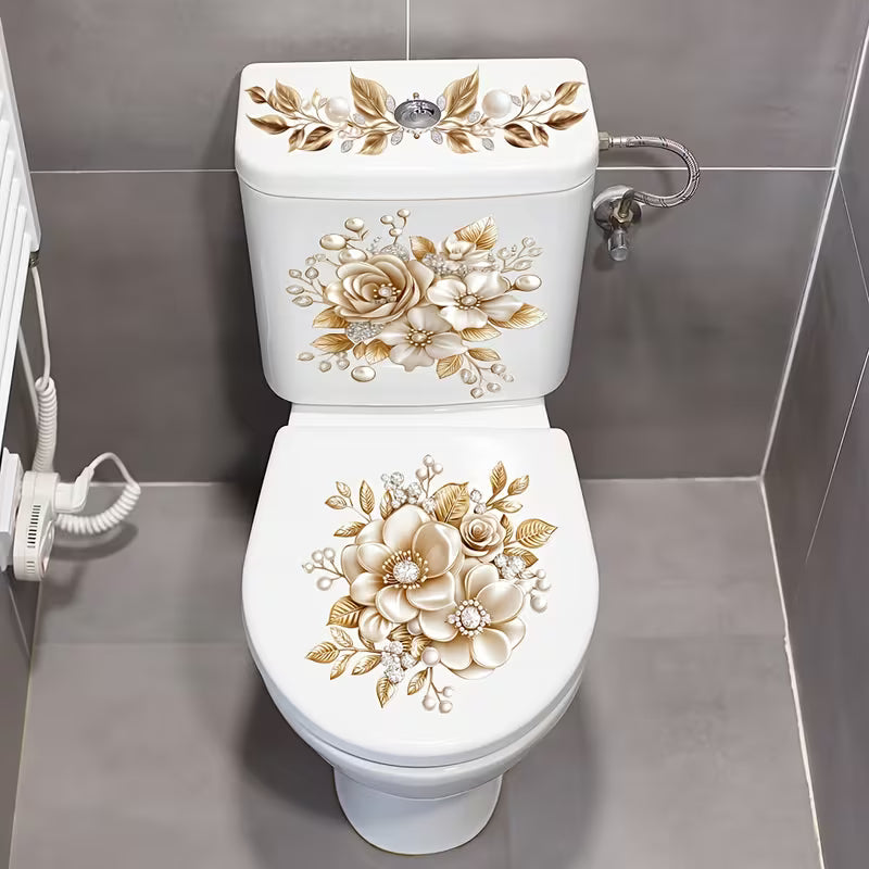 1pc 11.81x23.62inch Light Luxury Golden Bead Floral Toilet Sticker, Exquisite 2D Flat Flower