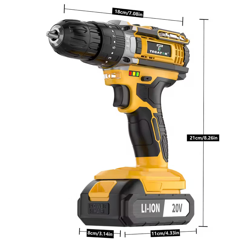 Tegatok 20V 58/136pcs/147pcs Cordless Impact Drill Kit With 20 Plus 3 Torque Settings 45Nm Max