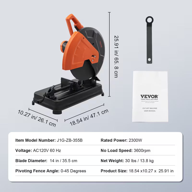 VEVOR Abrasive Chop Saw, 14"/355mm Blade Diameter Cut Off Saw, 2300W 3600RPM Steel Cutting Machine