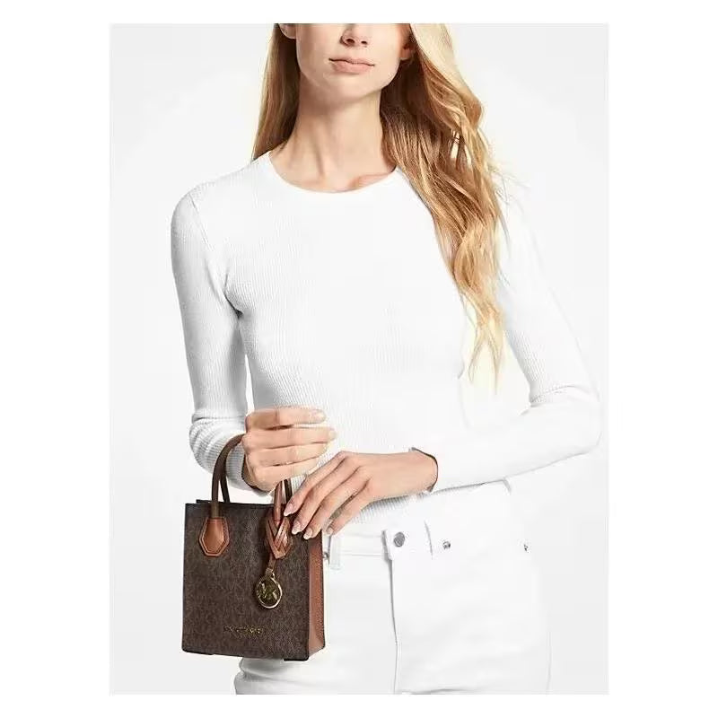 Michael Kors Mercer XS Shopper Leather Crossbody Bag $298 (Brown Signature/Gold Tone)