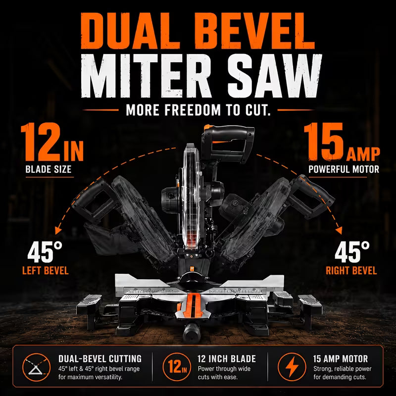 12" Blade 15Amp Sliding Compound Miter Saw, 3800 RPM, Double-Bevel 45° & Dual Miter 45°