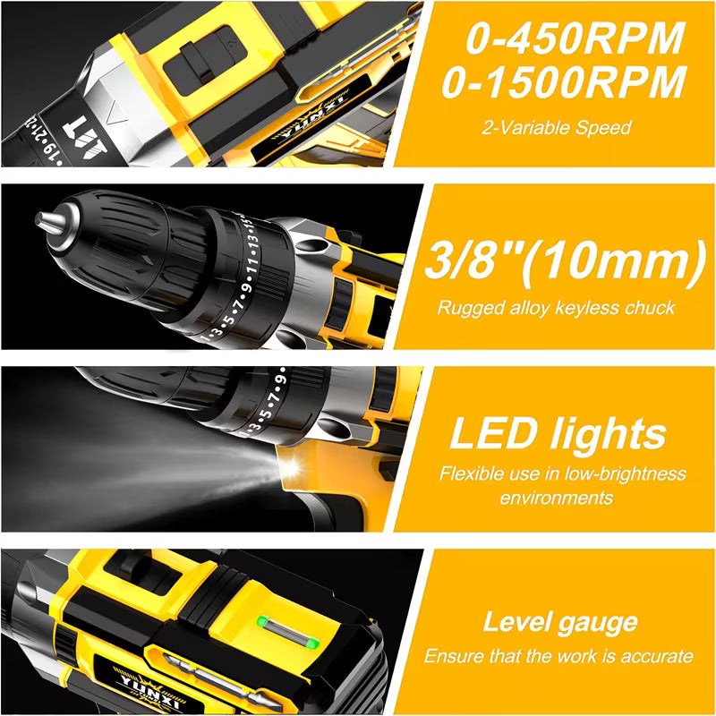 21V Cordless Impact Drill Set (2.0AH Battery and Fast Charging), Optional Drill Set and Storage Box
