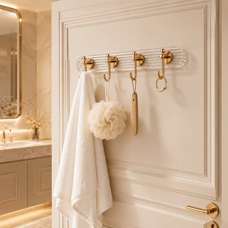 No-Drill Adhesive Wall-Mounted Hook, Acrylic Rose Golden Towel And Clothing Rack, Transparent