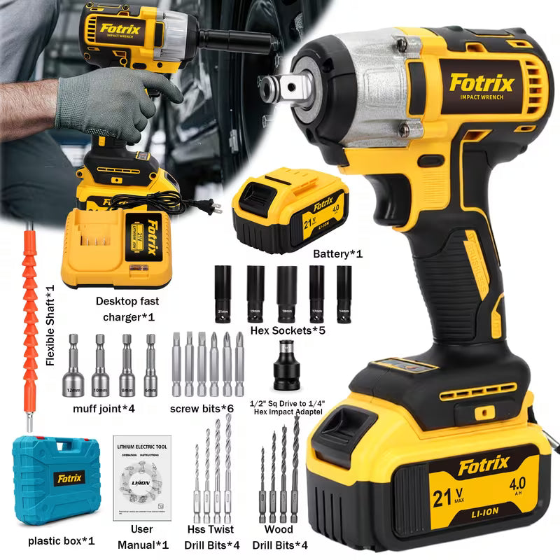 21V Brushless 1/2" Impact Wrench Kit, High Capacity Battery & Multi-Piece Accessory Set