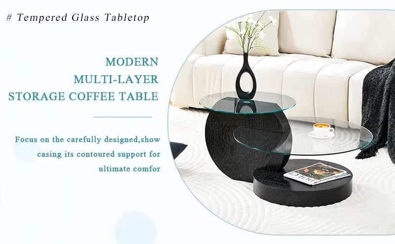 Glass Coffee Table, Modern Coffee Table for Small Space, Oval Center Table with Wood Base