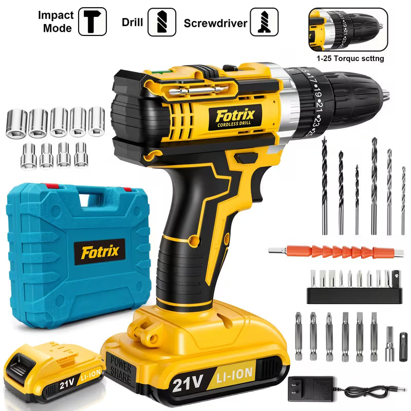 Rechargeable Drill (With Tool Case), Includes 1/2 Battery, Drill, Screwdriver, Drill Bit Set