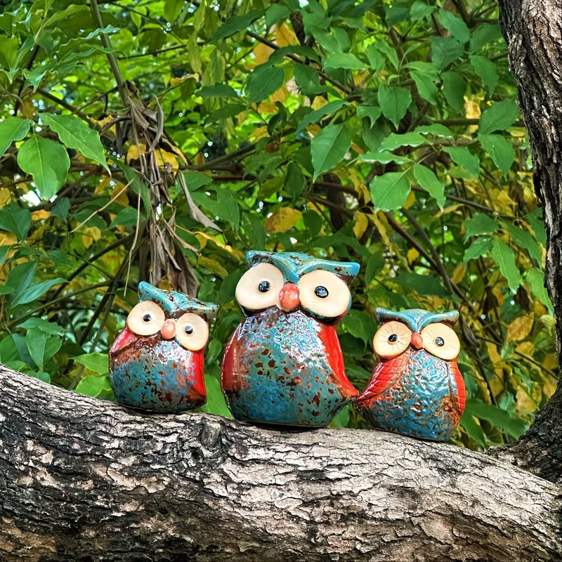 Charming Ceramic Owl Family Trio - Handcrafted Garden Set, Ceramic, Red
