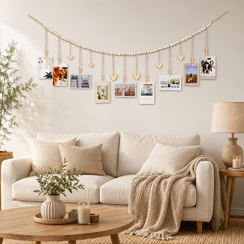 Bohemian Style Wall Hanging Photo Display Rack, Wooden Beads Picture Holder with Clips Heart
