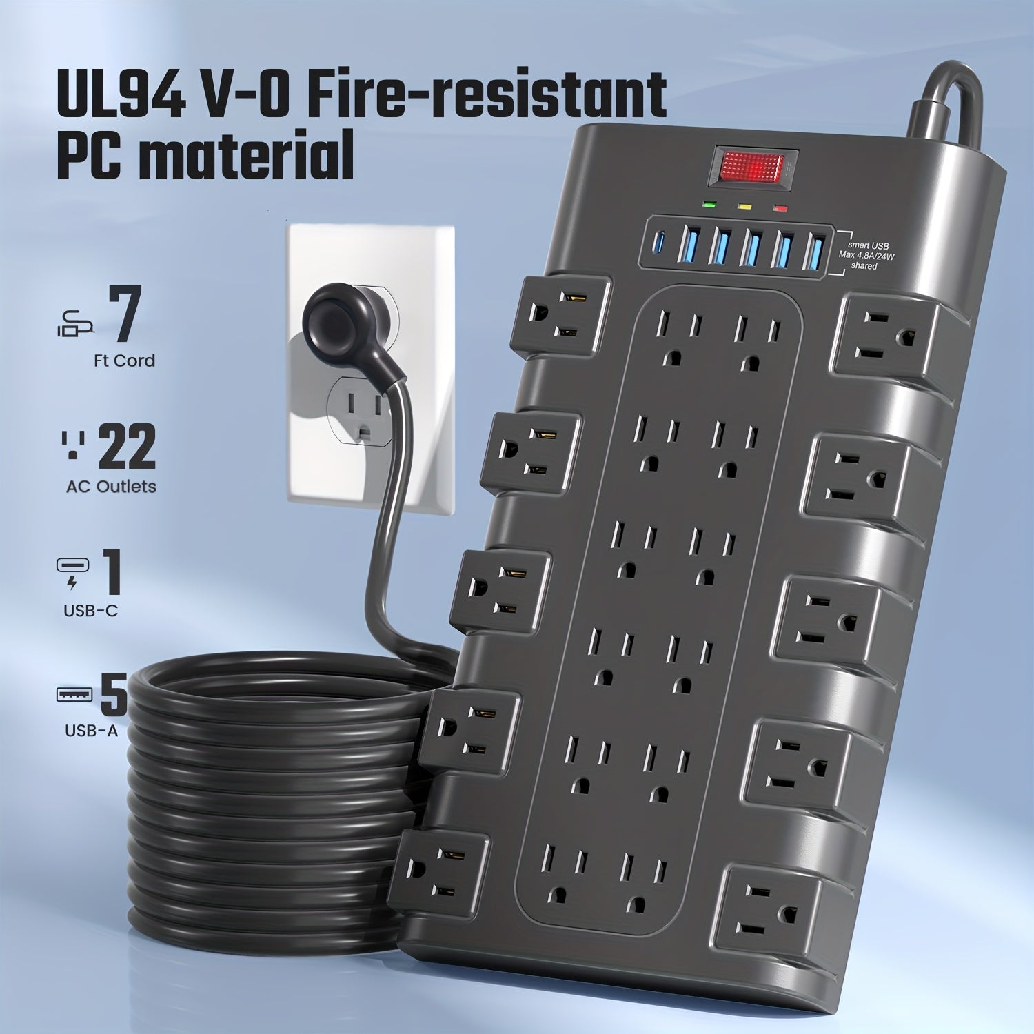 Extension Cord 5/6/7/9/14ft, Surge Protector Power Strip, Black