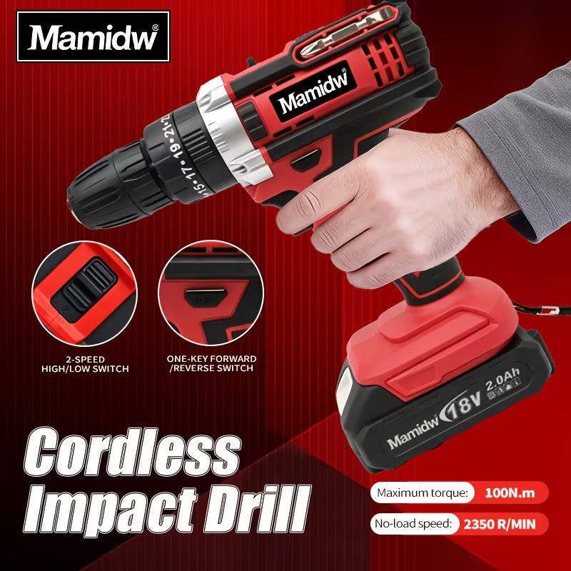 100N.M Industrial Cordless Drill Set, 3/8 Inch Keyless Chuck, 18+3 Adjustable Torque, LED Lighting