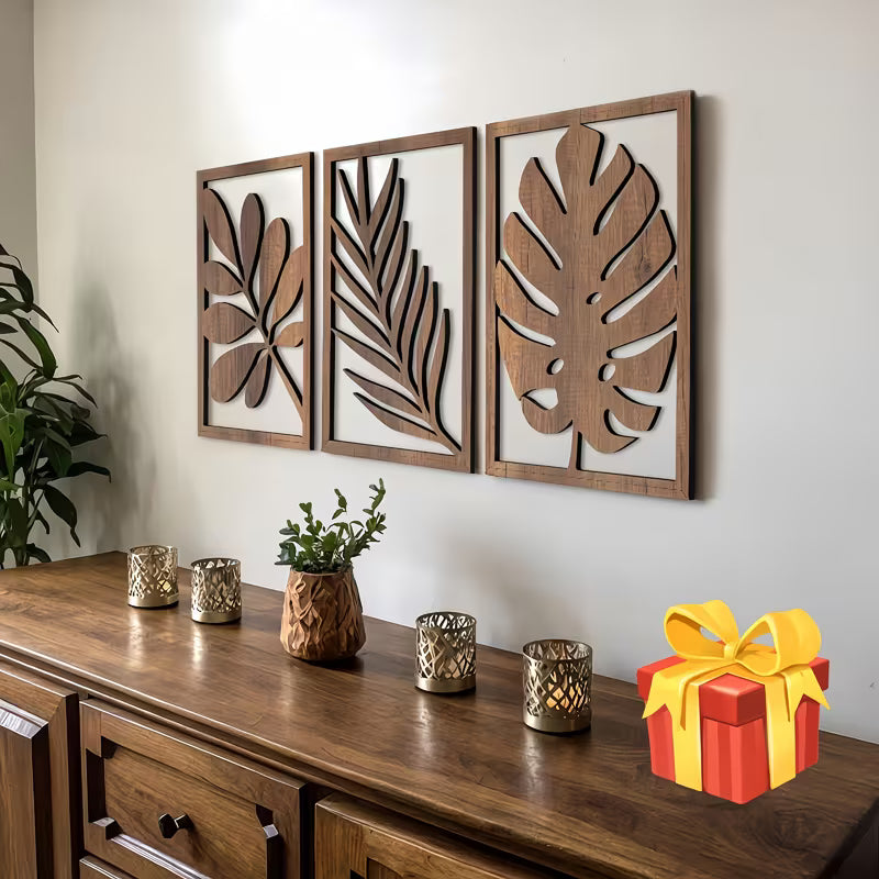 2D Flat 3pcs Set of Wooden Leaf Wall, Wooden