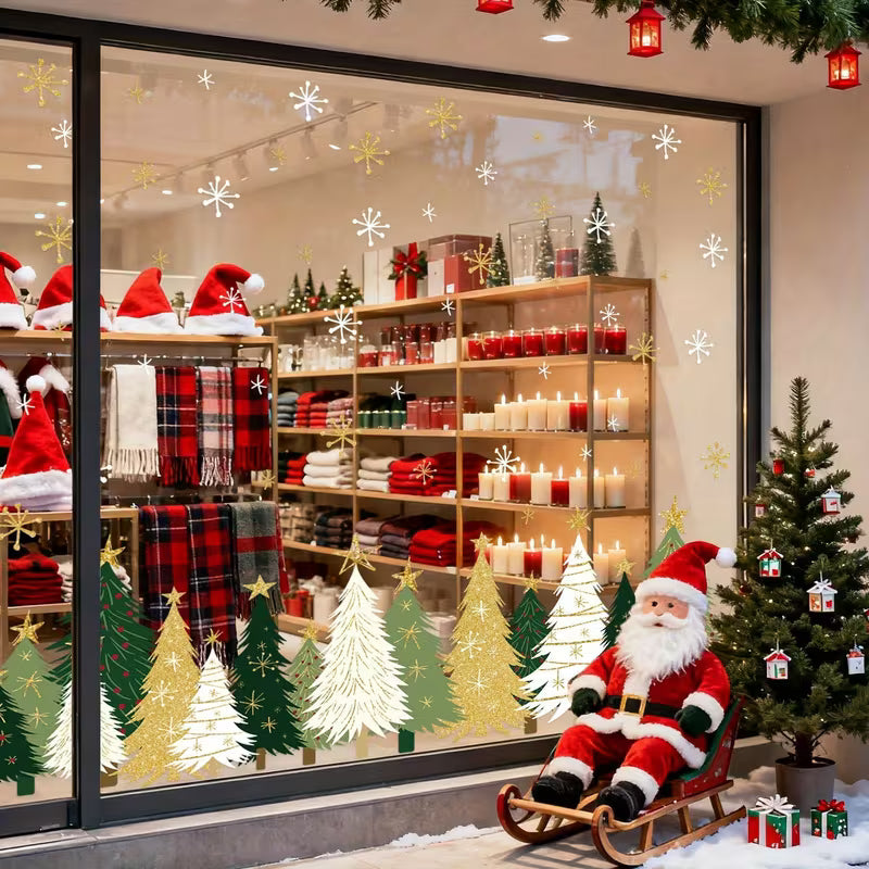3pcs Static Cling Window Decals PVC Christmas Tree & Snowflake Stickers