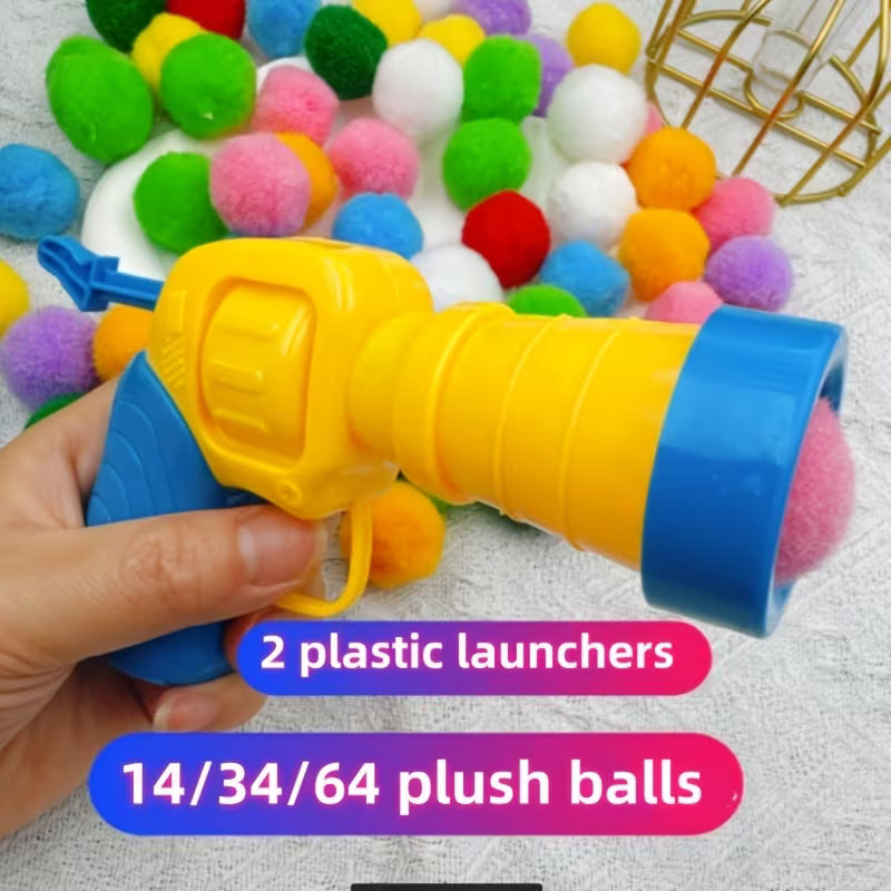 14/34/64 Plush Balls with Two Plastic Launchers, Children's Cat Teaser, Plastic