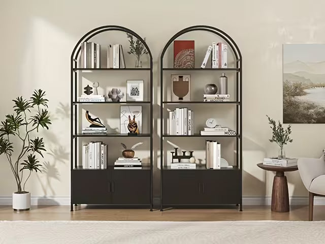 71" Industrial Arched Bookshelf with Doors - Sturdy Metal Frame