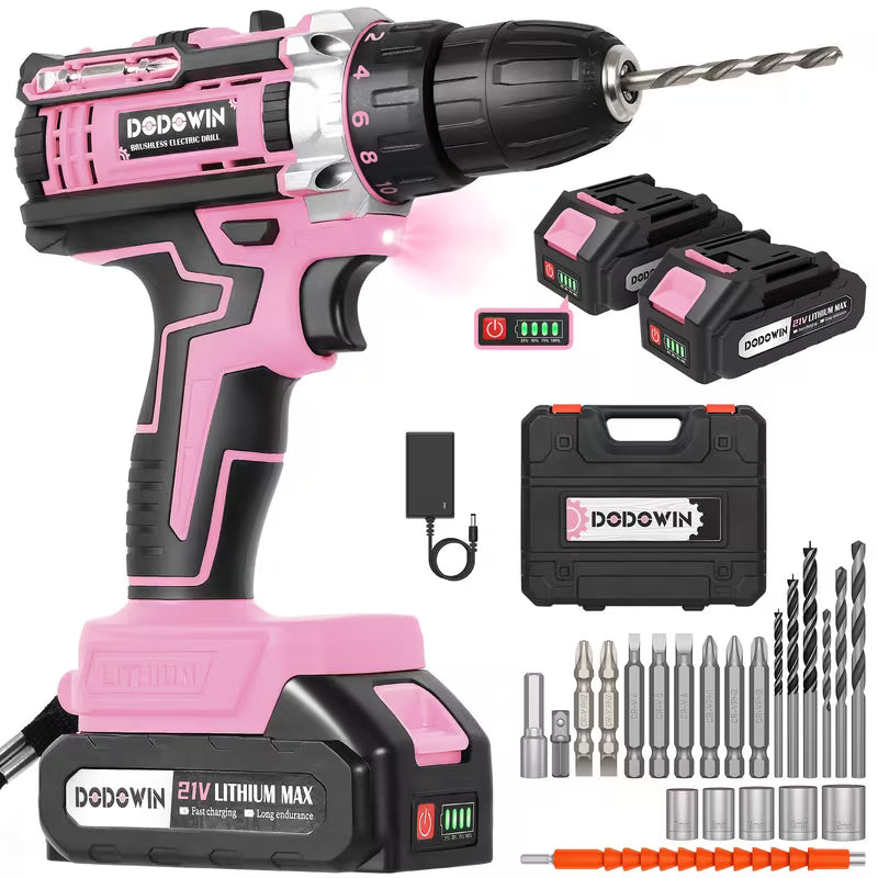 21V Pink Cordless Drill Set, Brushless Electric Drill, Wood, Pink