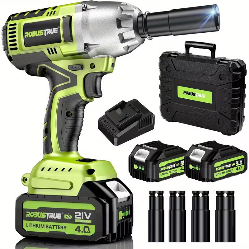 Robustrue 1000N.m(740ft-lbs) Brushless Cordless Impact Wrench Set - 21V 4000mAh Battery