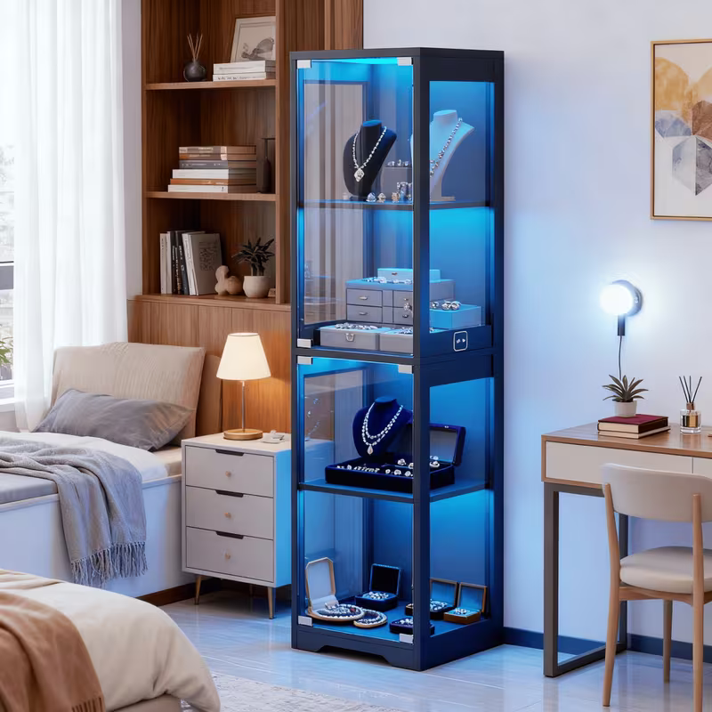 Single Door Glass Display Cabinet 4 Tier, Glass, Black