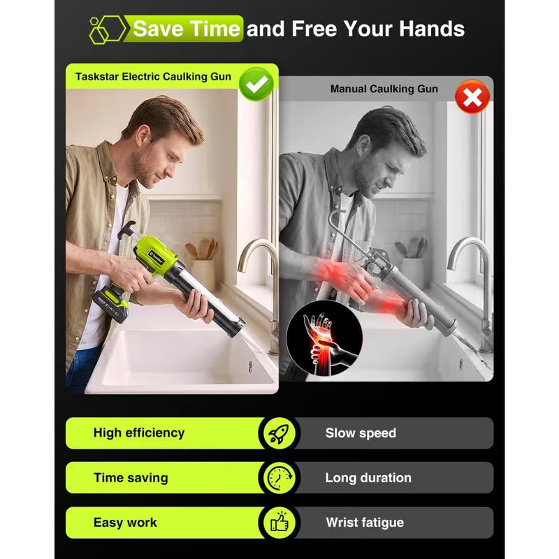 Taskstar Cordless Battery-Powered Caulking Gun with 3-in-1 Caulking Tool, LED Light