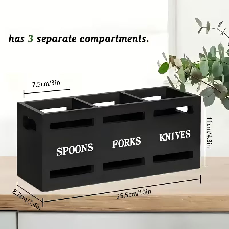 Wooden Utensil Holder, Country Tableware And Cutlery Rack, Black Party Fork Knife Spoon