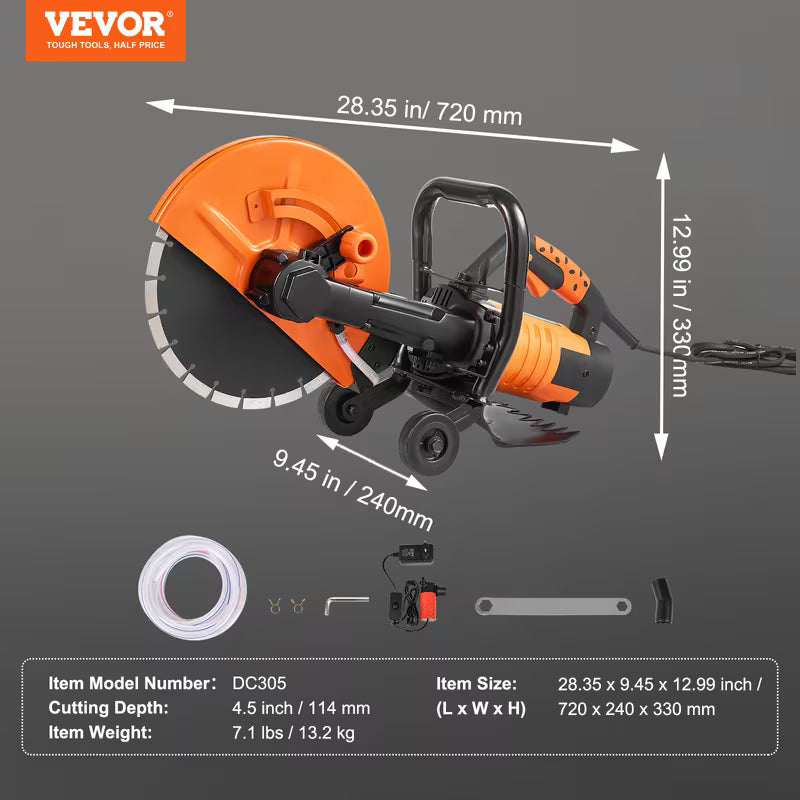 VEVOR Electric Concrete Saw, 12 in, 1800 W Motor Circular Saw Cutter with Max. 4.5 in Adjustable