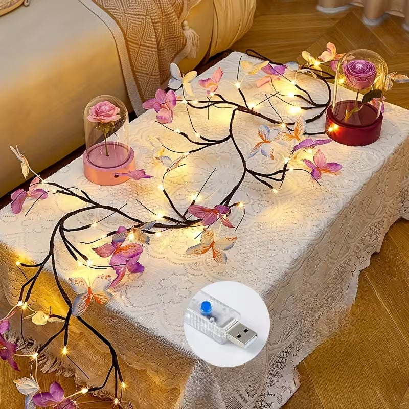 1pc 50-Light Rattan String Light (30 LEDs + 20 Butterflies), USB Powered, 8 Lighting Modes.