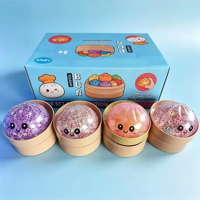 18pcs Pectin Golden Glitter Colorful Dumpling-Shaped Relax Toys (6 Buns + 6 Steamer Bases + 6