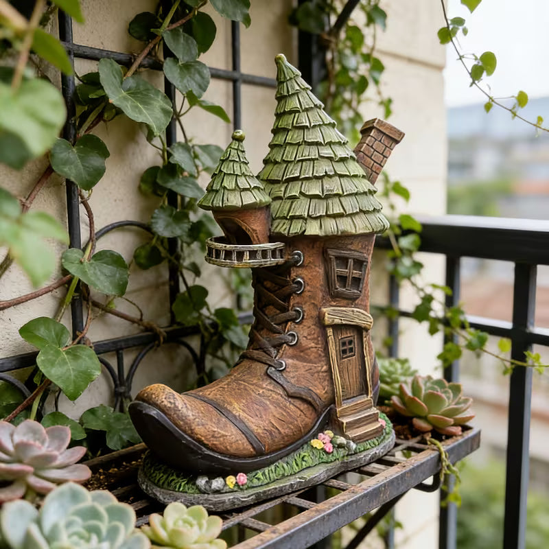 Resin Boot-Shaped House Statue Ornament, Suitable for Outdoor Garden Balcony Decoration