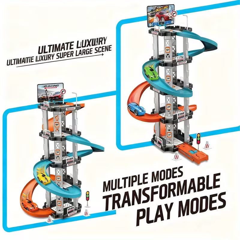 5-Layer 3D Parking Garage Track Set with 2 Race Cars