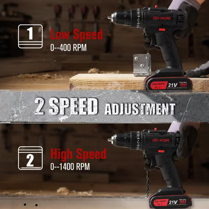21V Cordless Drill Set, 90Nm High Torque 2-Speed Lithium Drill with 18+1 Torque Settings
