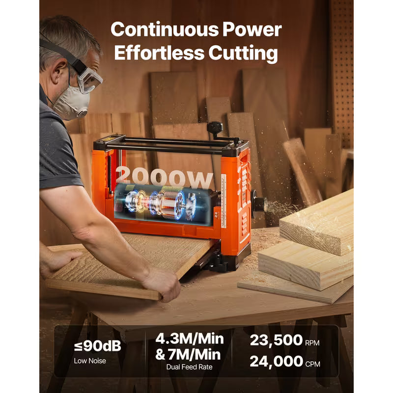 VEVOR Thickness Planer, Two Speed, 13-Inch Width Worktable Power Benchtop Planer, Three-Blade