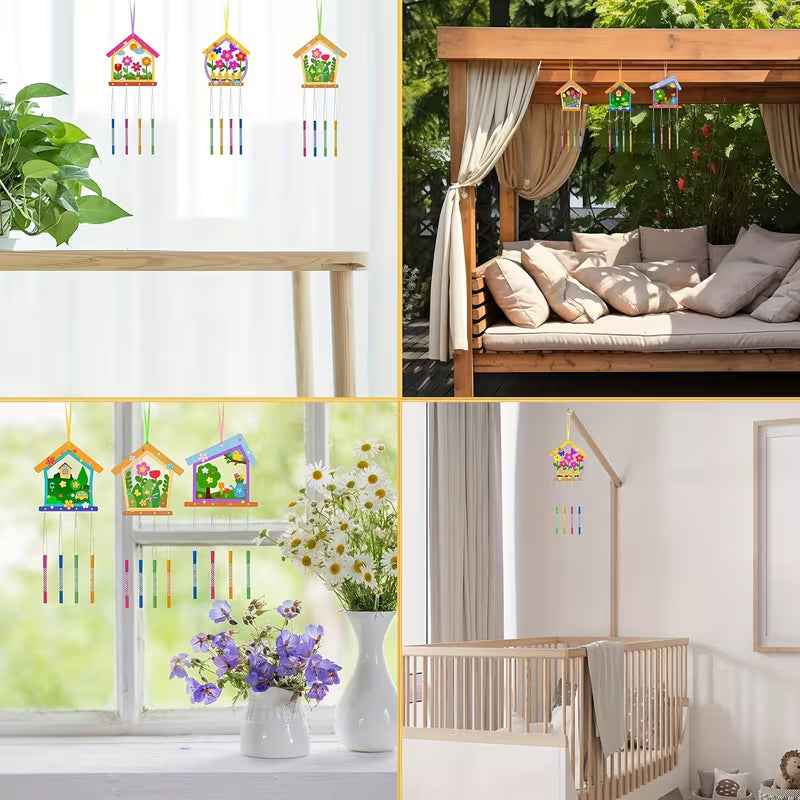 Flower house wind chime set, wooden house wind, Wooden
