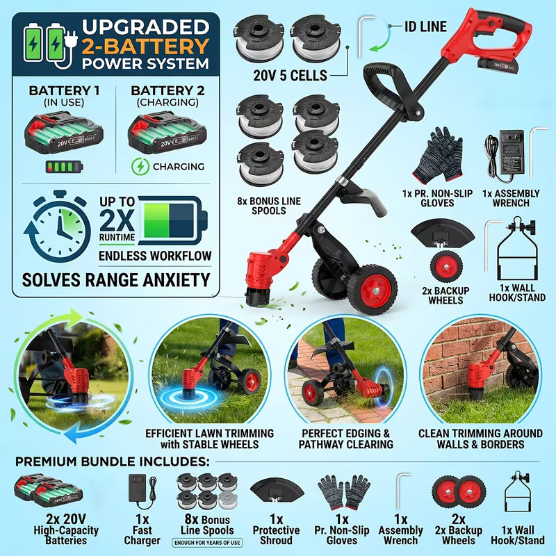 Firenheip 3-In-1 20V Cordless Lawn Mower Trimmer Edger (Choice of 8 Or 5 Spools) Home Garden Weed