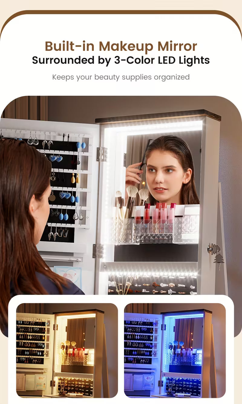Vintage-Inspired 360° Swivel Jewelry Mirror Cabinet with Lights - Lockable