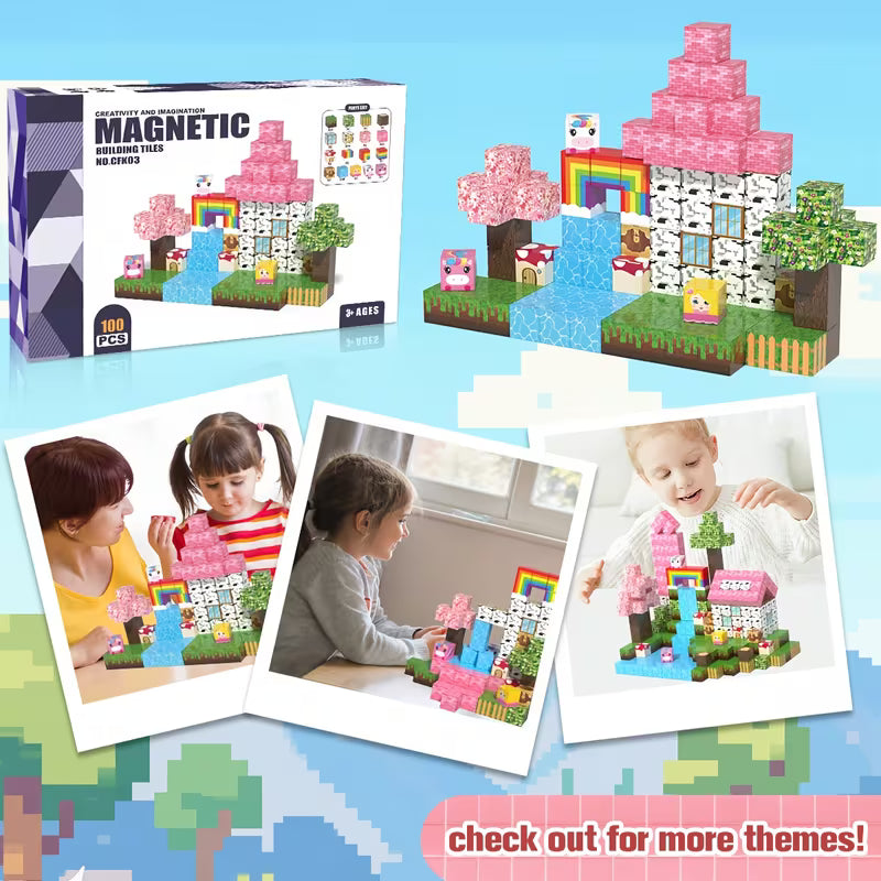 50/100-Piece Pink Rainbow Scene Travel Magnetic Blocks