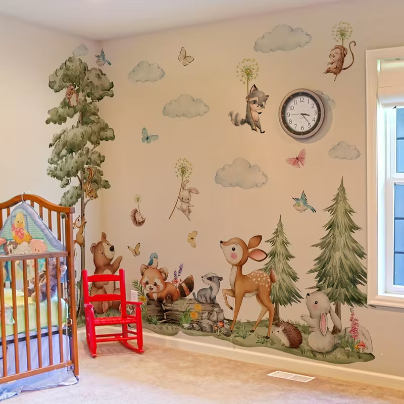 A Set of 3pcs, 11.81*35.43inch Each, Forest Tree Cloud Plum Blossom Deer Rabbit Animal Wall
