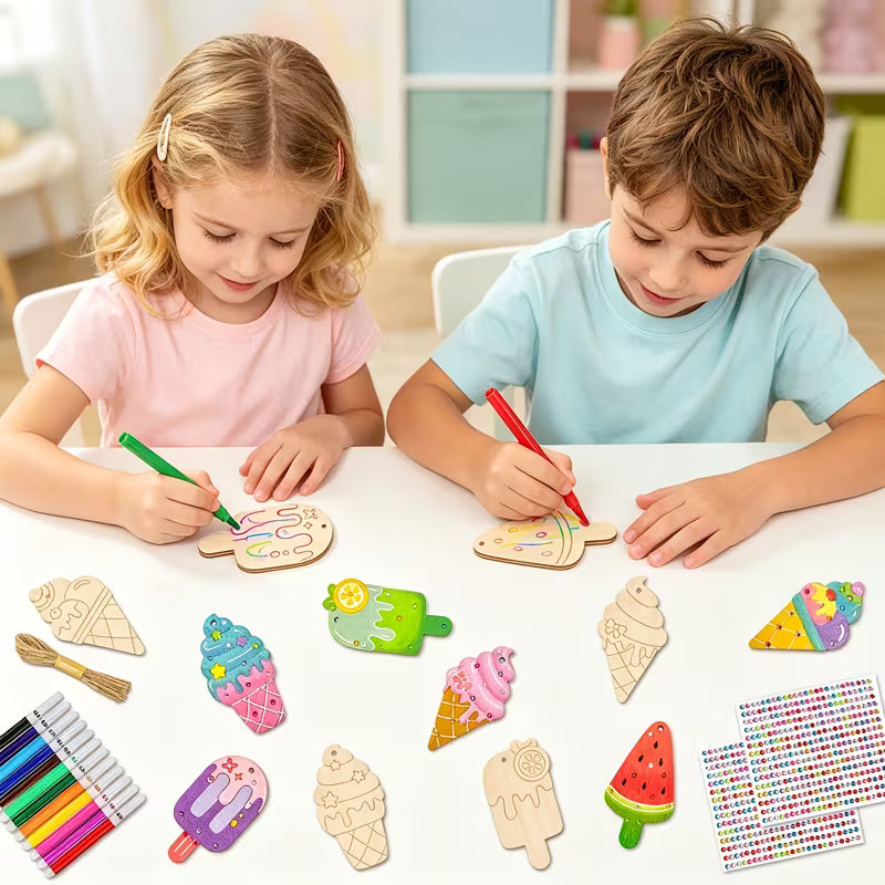 39-Piece Ice Cream Wood Crafts Kit Include 24-Piece DIY Unfinished Wood