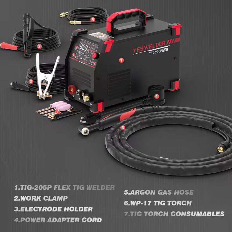 205Amp TIG Welder with Pulse, Large LED Display, 3-in-1 Stick/DC TIG/Pulse TIG