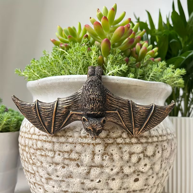 1pc Resin Bronze Winged Bat Planter Hanger, Bat Element, Garden Decoration, Planter Companion