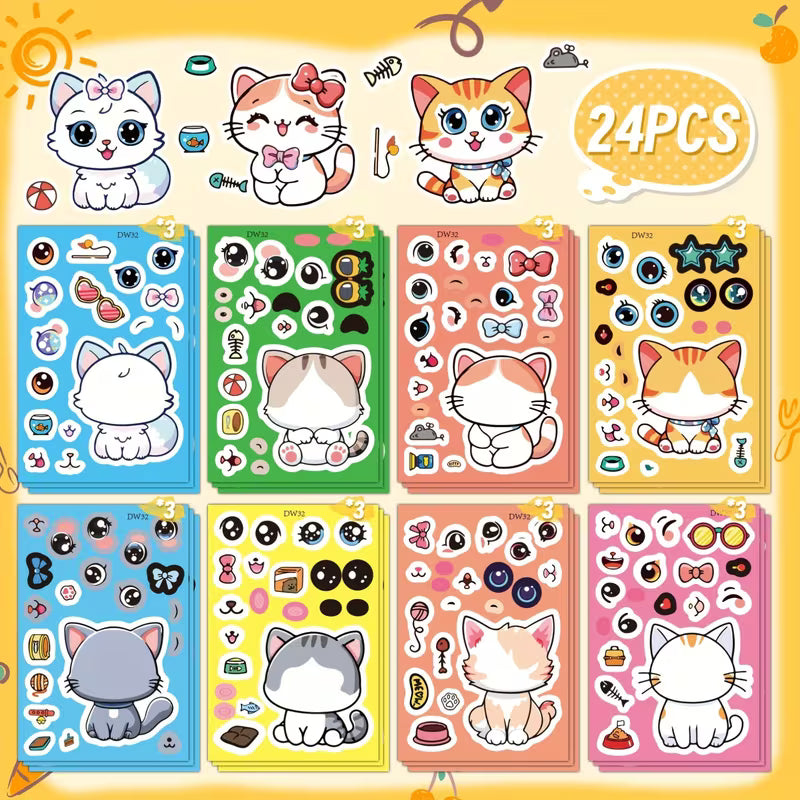 8-Piece/16-Piece/24-Piece Cute Cat Puzzle Stickers for Laptops Paper