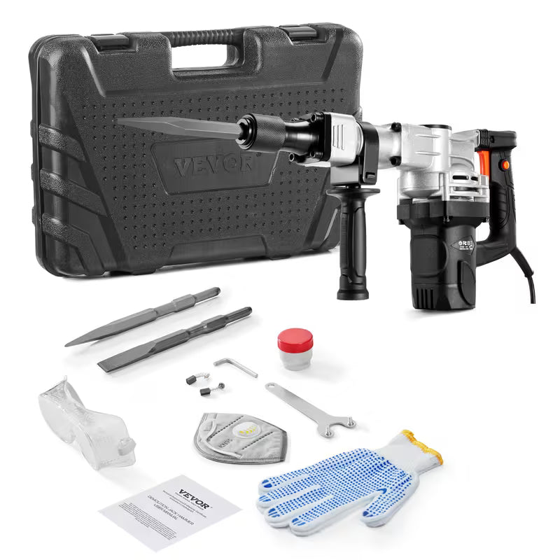 VEVOR Demolition Jack Hammer Concrete Breaker 1400W Electric Hammer 2 Chisel Bit, Orange/Black