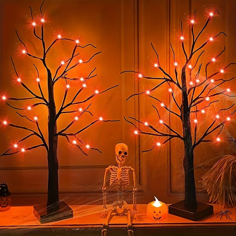 2pcs, Black Halloween Tree for Desktop Lighting, Orange LED Ghost Tree with Halloween Decorations