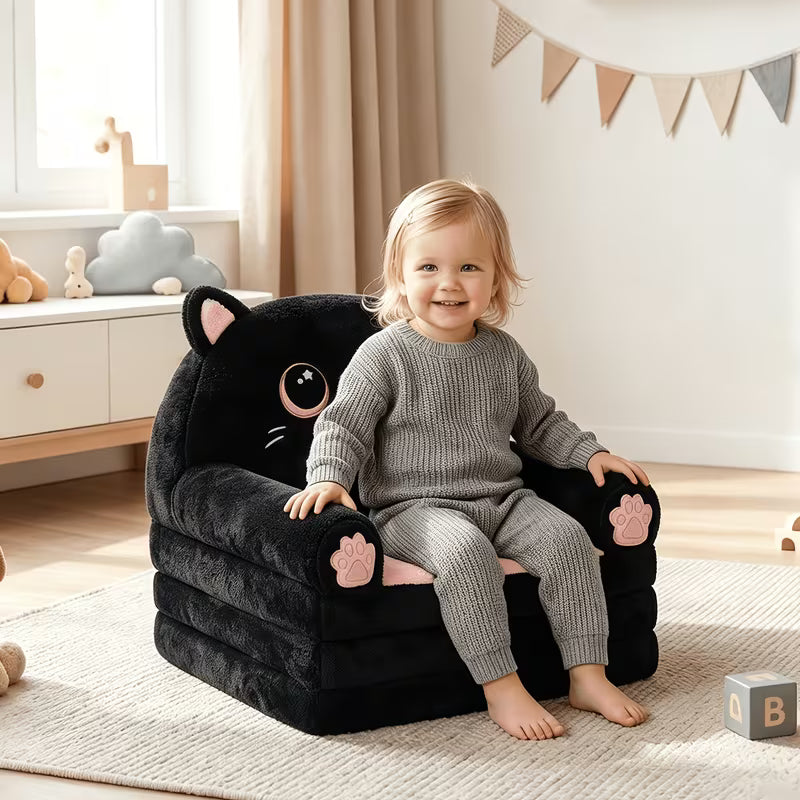 Kids Sofa 2-In-1 Foldable Velvet Memory Foam Chair Black Pink Cat Lounger for Reading Relaxing