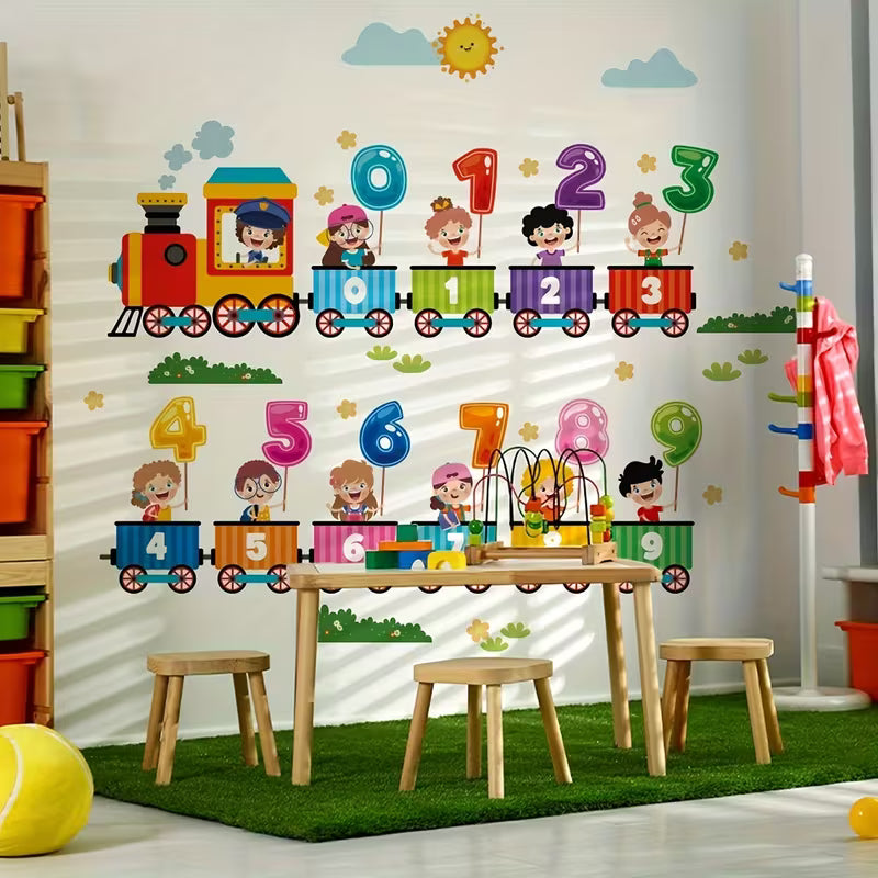 Educational Number Train Wall Sticker, Removable Self-Adhesive Paper with Colorful Cartoon