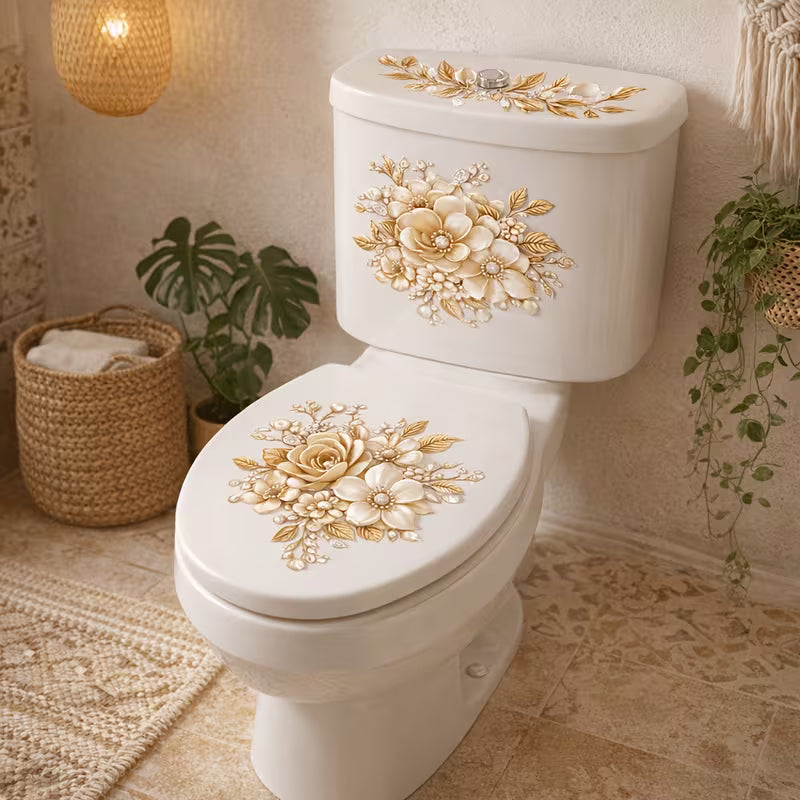 1pc 11.81x23.62inch Light Luxury Golden Bead Floral Toilet Sticker, Exquisite 2D Flat Flower