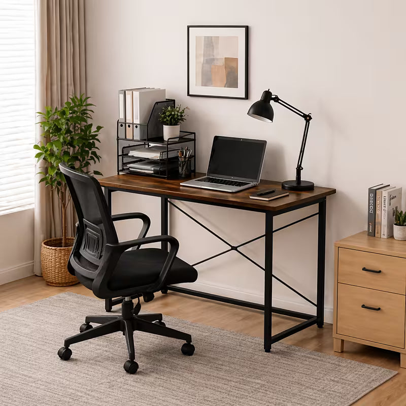 Collapsible Folding Desk, Rustic Brown Computer Table, Heavy Duty Steel Frame, No Assembly Needed