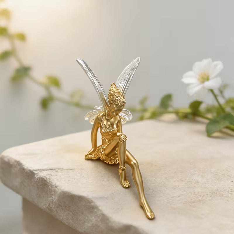 1pc Collectible Figurines Golden Matte Sitting Dangling Legs Flower Fairy Resin Ornament