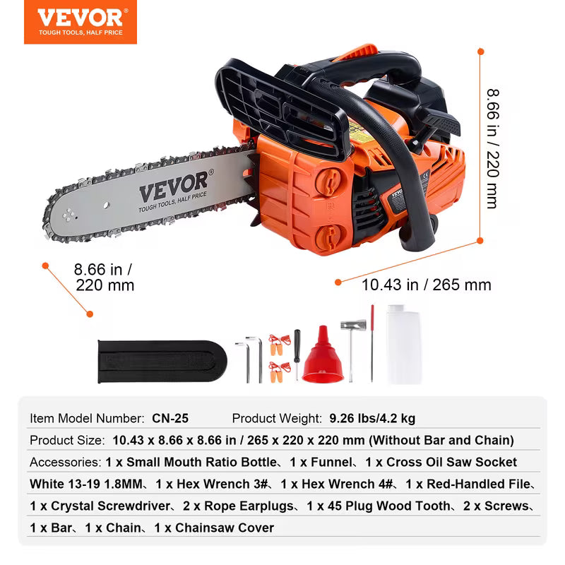 VEVOR 25CC 12" Gasoline Chainsaw Gas Powered Wood Cutting Engine Gas Chain Saw