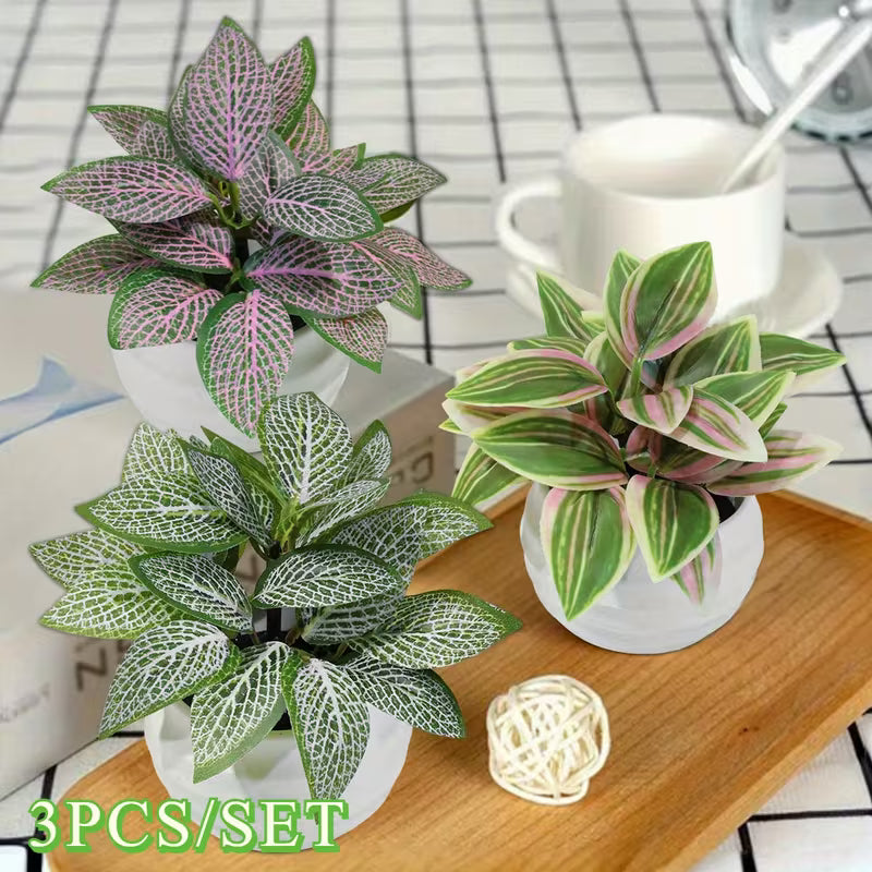 Per Set Artificial Potted Plants Fake Leaf Fittonia, Green