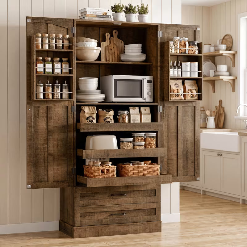 71 Inch Tall Kitchen Pantry Cabinet, Freestanding Wooden Storage Hutch with 3 Pull Out Shelves